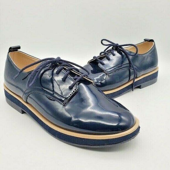 ZARA Kids Black Blue PATENT FINISH CUT OUT BLUCHERS Derby Shoes Size 6.5 - Picture 2 of 8